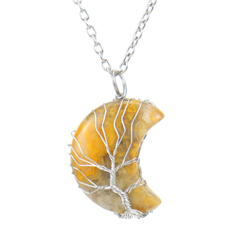 Natural Stone Crescent Moon Tree of Life Pendant Necklace – Handmade Copper Wire Wrap