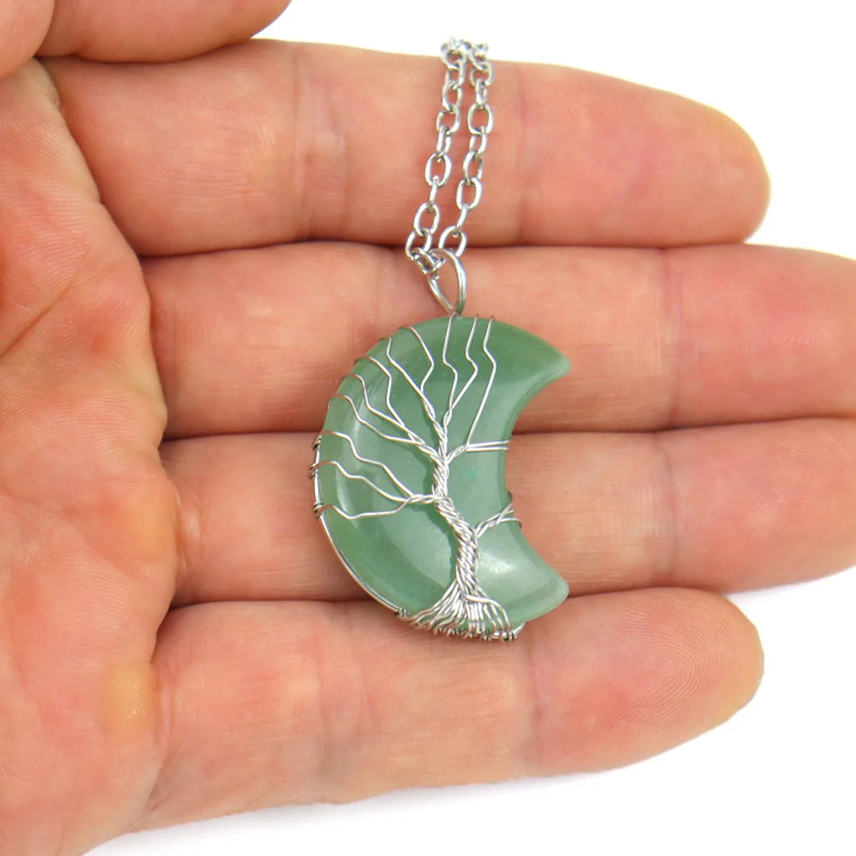 Natural Stone Crescent Moon Tree of Life Pendant Necklace – Handmade Copper Wire Wrap