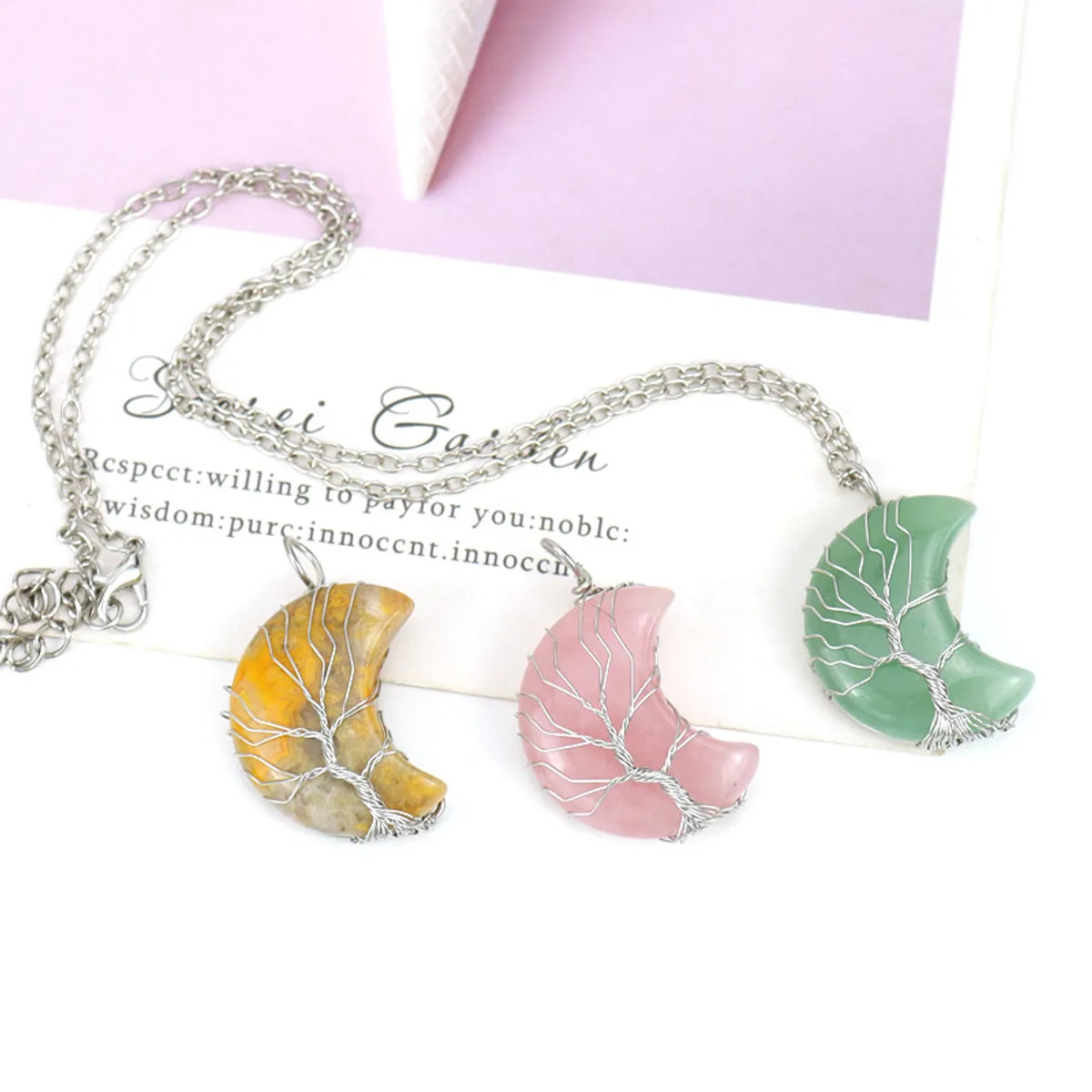 Natural Stone Crescent Moon Tree of Life Pendant Necklace – Handmade Copper Wire Wrap