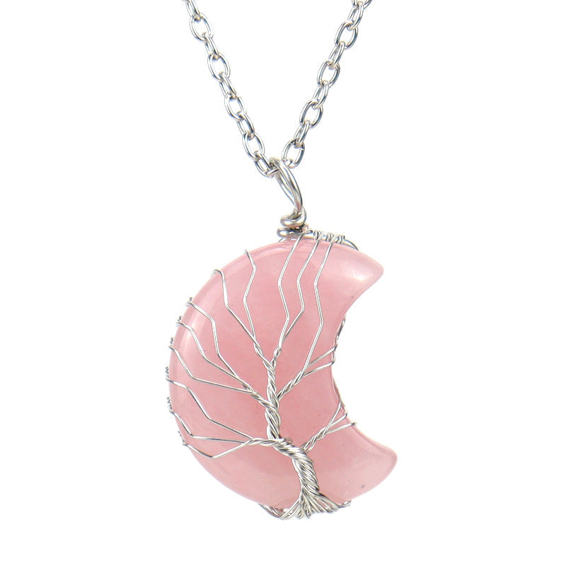 Natural Stone Crescent Moon Tree of Life Pendant Necklace – Handmade Copper Wire Wrap
