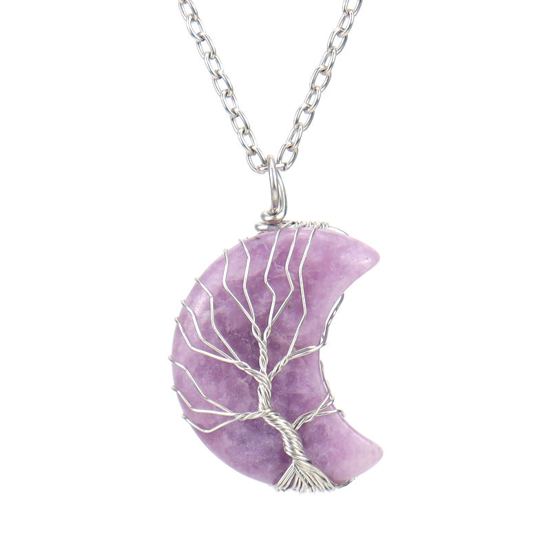 Natural Stone Crescent Moon Tree of Life Pendant Necklace – Handmade Copper Wire Wrap