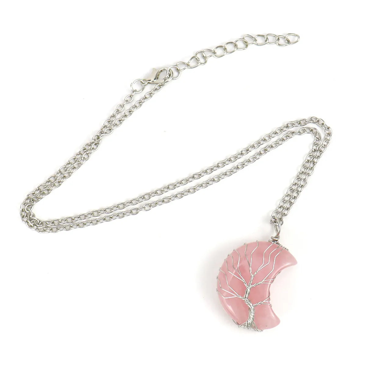 Natural Stone Crescent Moon Tree of Life Pendant Necklace – Handmade Copper Wire Wrap