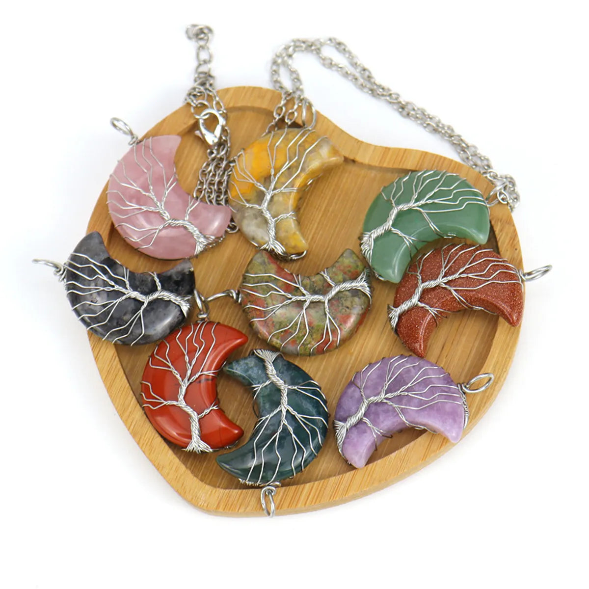Natural Stone Crescent Moon Tree of Life Pendant Necklace – Handmade Copper Wire Wrap