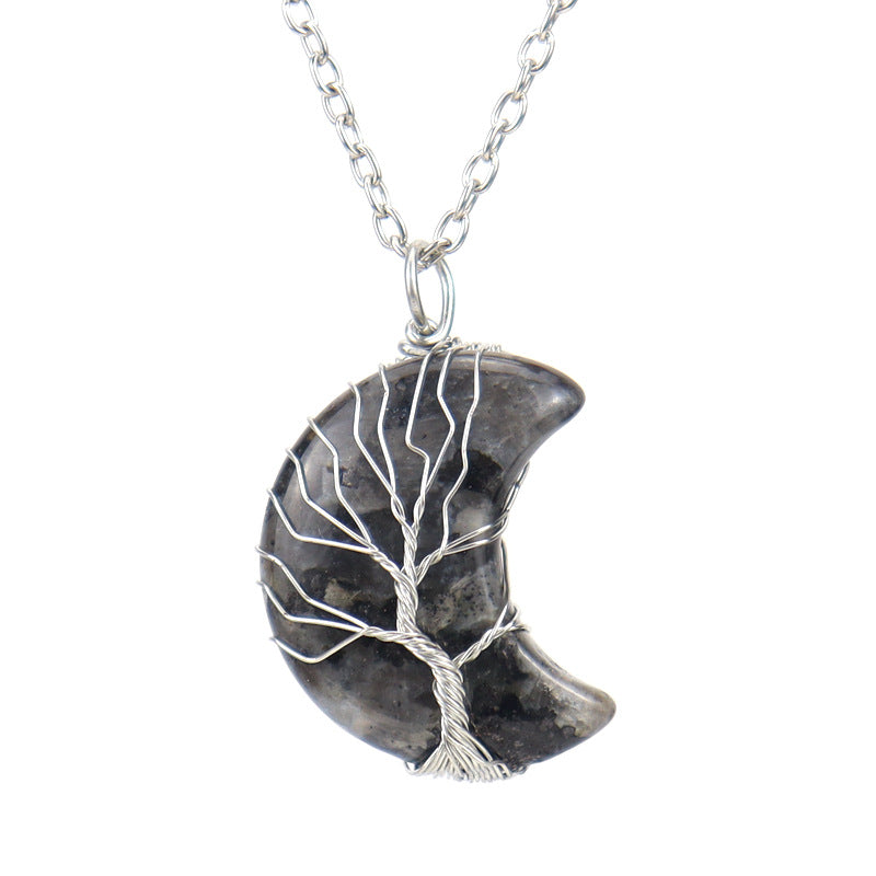Natural Stone Crescent Moon Tree of Life Pendant Necklace – Handmade Copper Wire Wrap