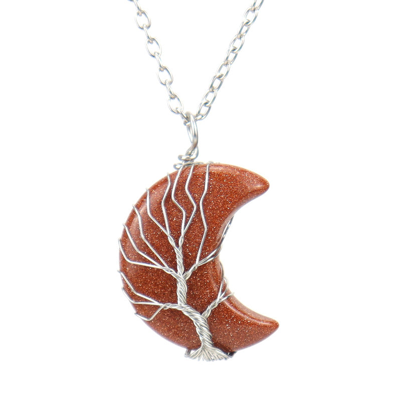 Natural Stone Crescent Moon Tree of Life Pendant Necklace – Handmade Copper Wire Wrap