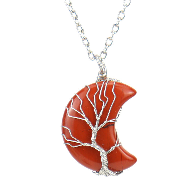 Natural Stone Crescent Moon Tree of Life Pendant Necklace – Handmade Copper Wire Wrap
