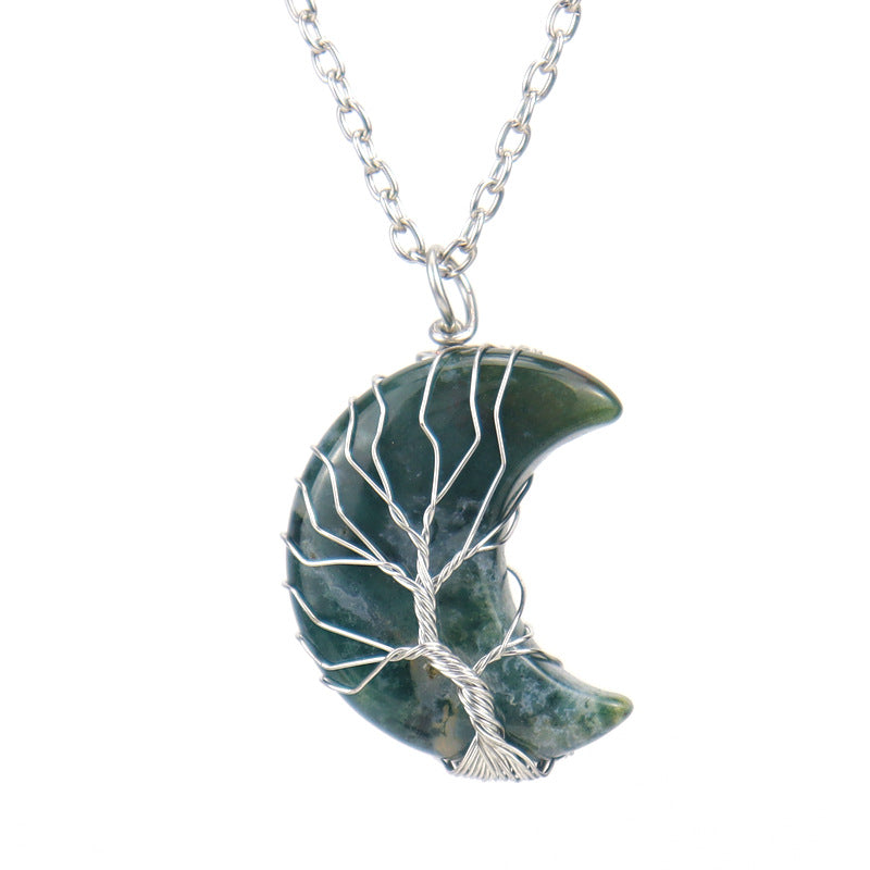 Natural Stone Crescent Moon Tree of Life Pendant Necklace – Handmade Copper Wire Wrap