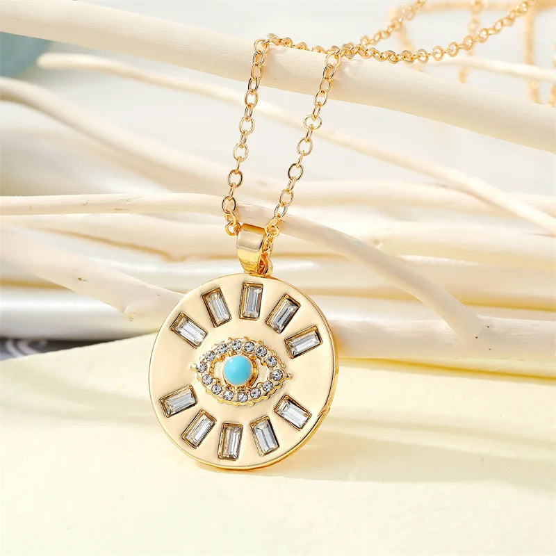 Gold-Plated Crystal Evil Eye Pendant Necklace – Retro Turkish Style | Alloy & Rhinestone