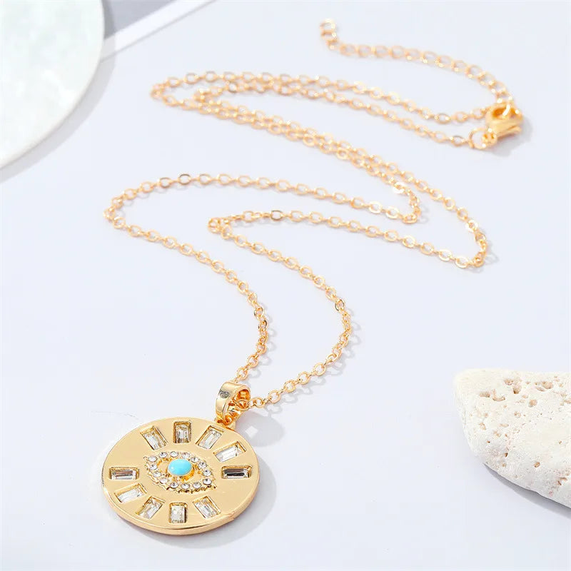 Gold-Plated Crystal Evil Eye Pendant Necklace – Retro Turkish Style | Alloy & Rhinestone