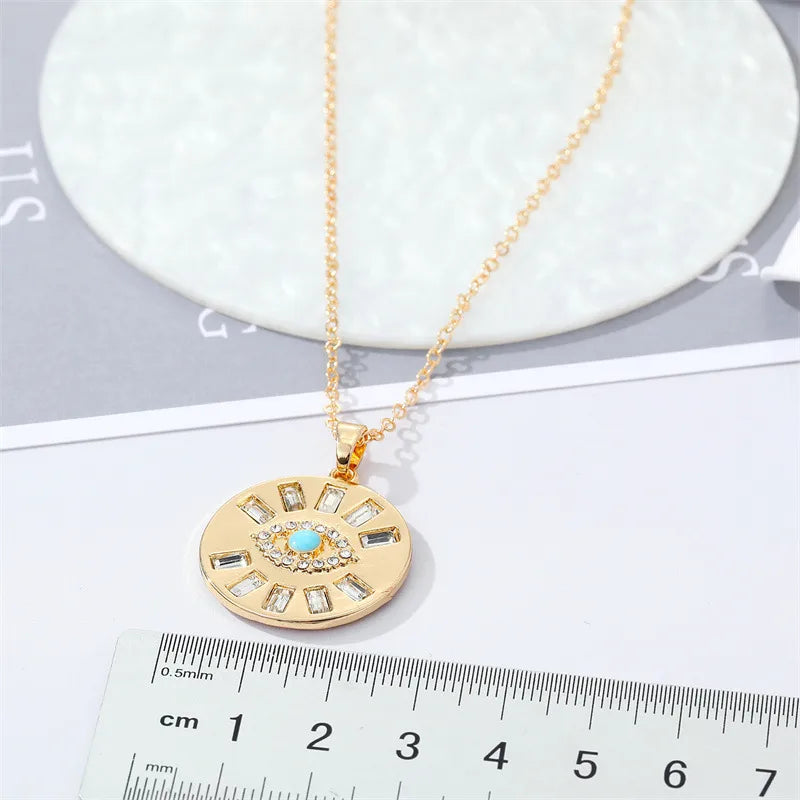 Gold-Plated Crystal Evil Eye Pendant Necklace – Retro Turkish Style | Alloy & Rhinestone