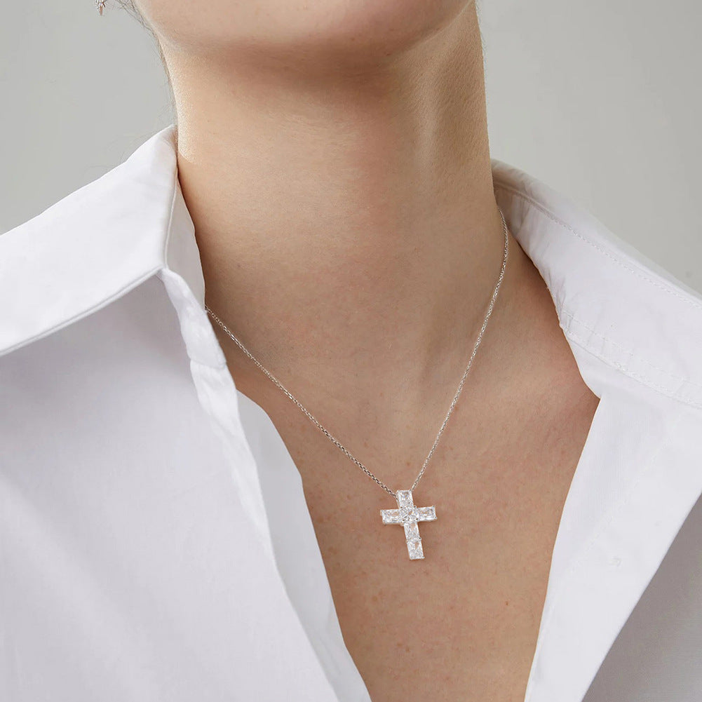 Elegant Sterling Silver Cross Necklace with Zircon & White Gold Plating