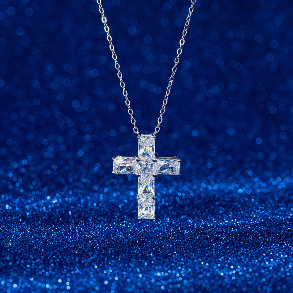 Elegant Sterling Silver Cross Necklace with Zircon & White Gold Plating