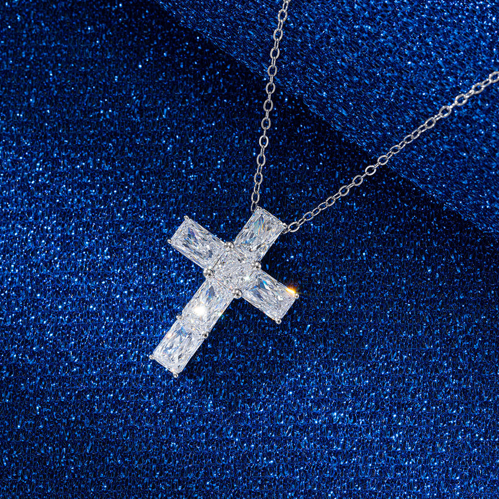Elegant Sterling Silver Cross Necklace with Zircon & White Gold Plating