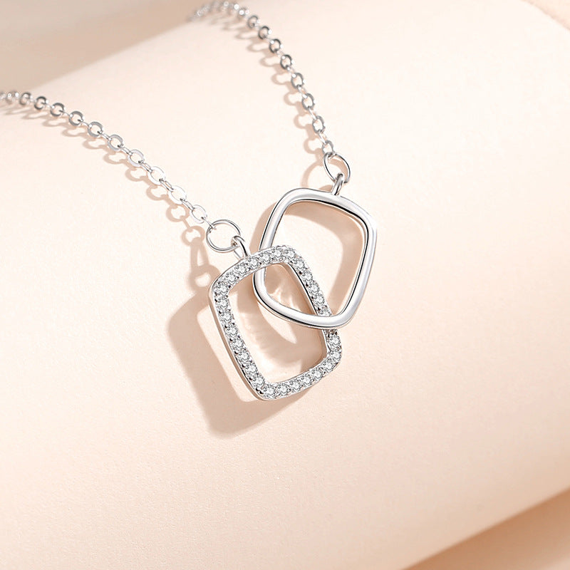 925 Sterling Silver Rhinestone Interlocking Square Pendant Necklace – NDIY139