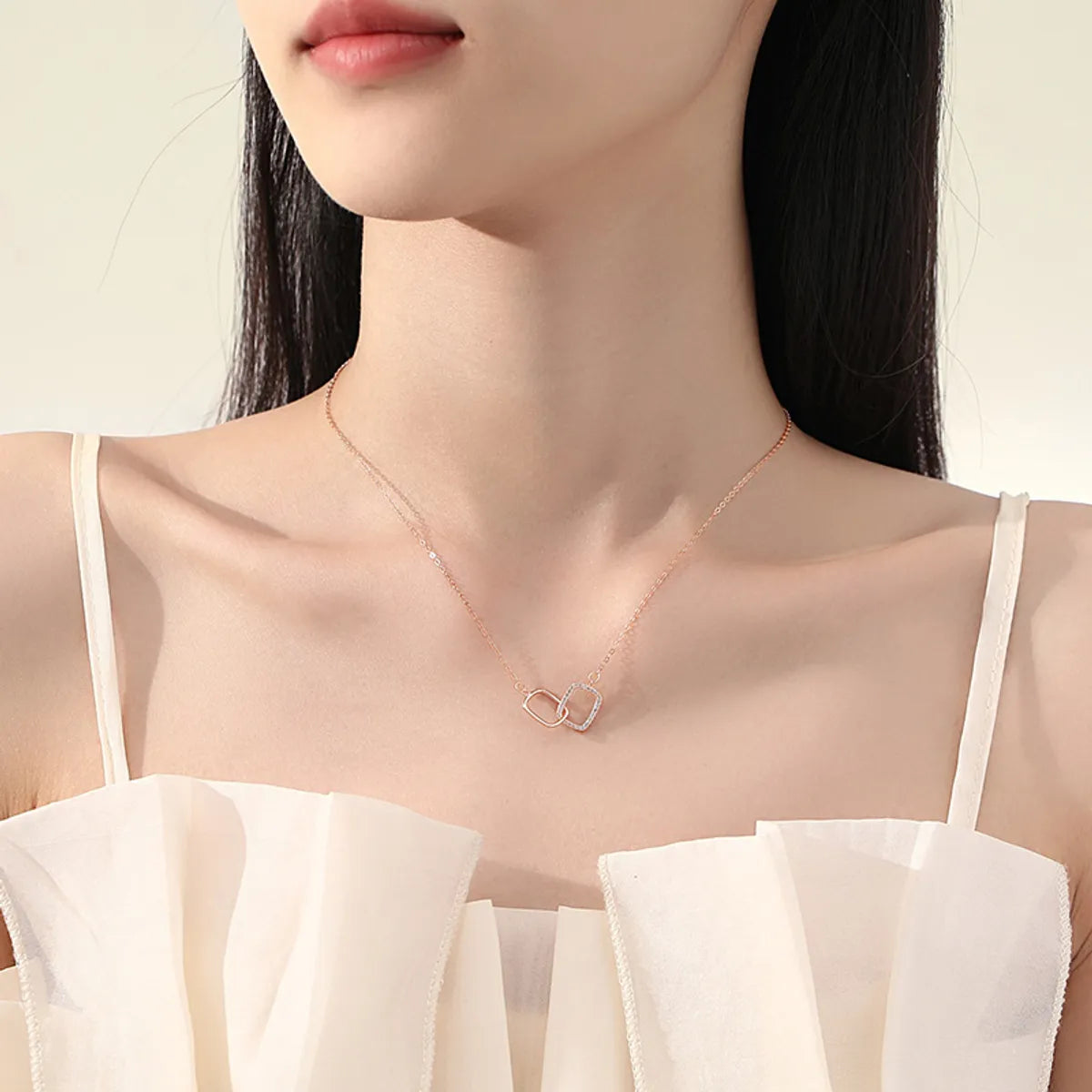 925 Sterling Silver Rhinestone Interlocking Square Pendant Necklace – NDIY139