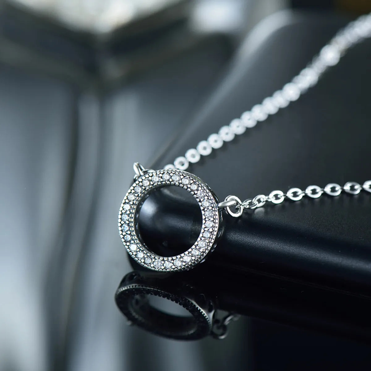 Sterling Silver Open Circle Pendant Necklace with Zircon – Modern Minimalist