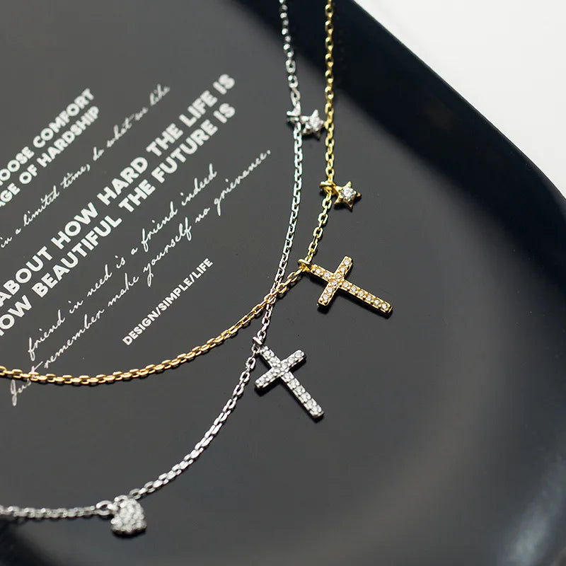 Simple Style Cross Sterling Silver Inlay Rhinestones Pendant Necklace