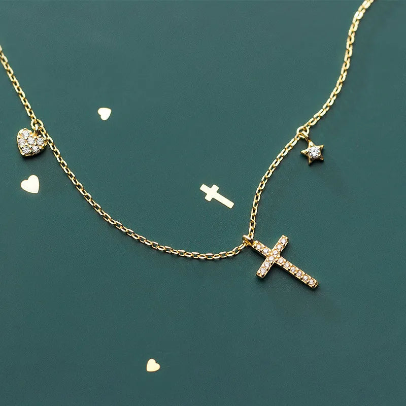 Simple Style Cross Sterling Silver Inlay Rhinestones Pendant Necklace