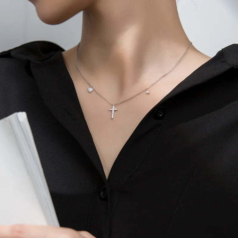 Simple Style Cross Sterling Silver Inlay Rhinestones Pendant Necklace