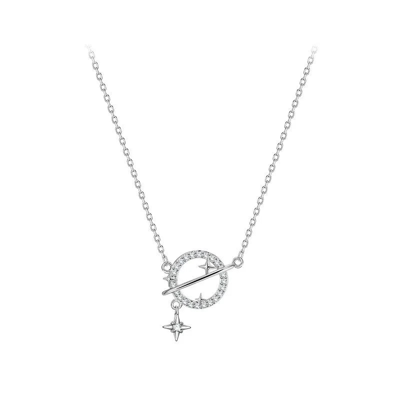 Sterling Silver Classic Planet Pendant Necklace with Rhinestones