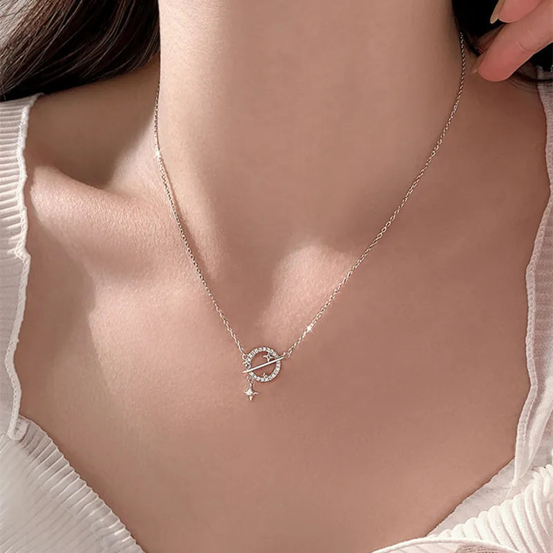Sterling Silver Classic Planet Pendant Necklace with Rhinestones