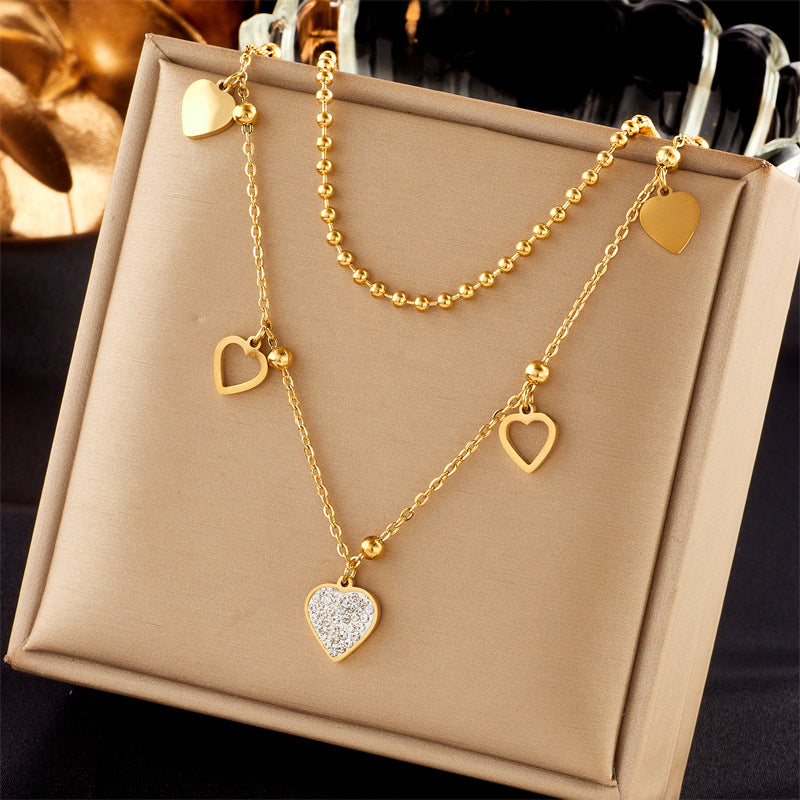 Elegant Heart Shape Layered Necklace with Zircon Inlay | Titanium Steel Gold Plated
