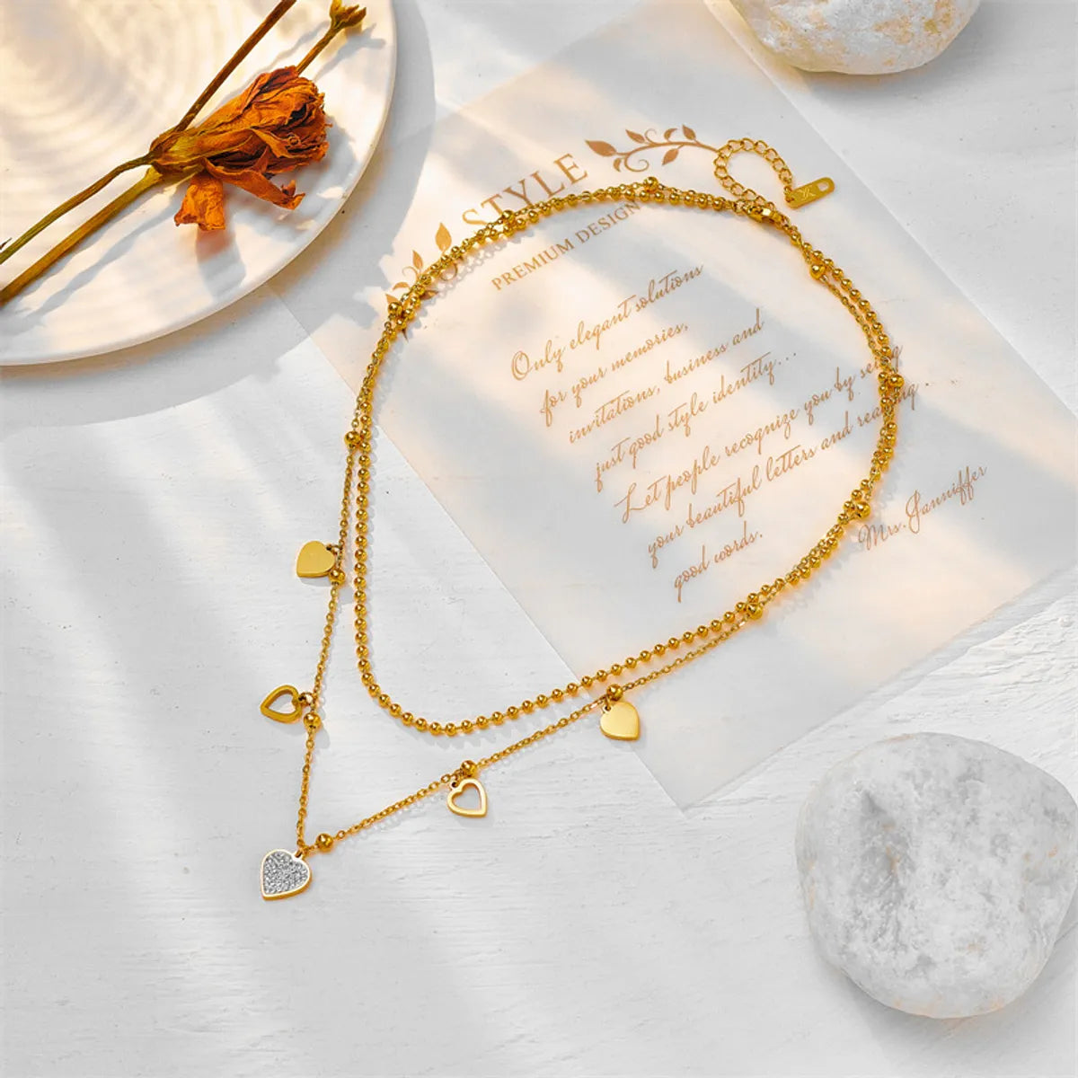Elegant Heart Shape Layered Necklace with Zircon Inlay | Titanium Steel Gold Plated