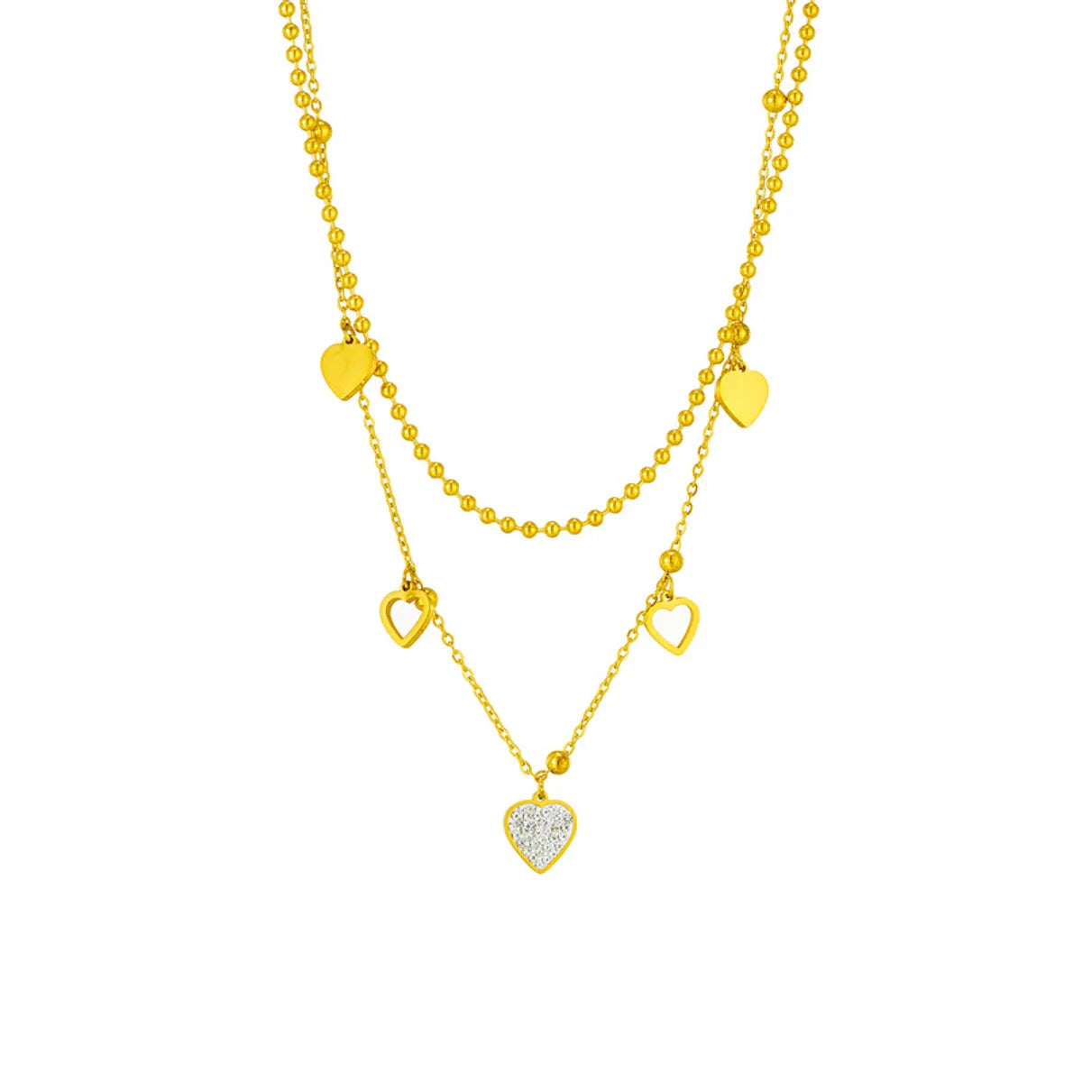 Elegant Heart Shape Layered Necklace with Zircon Inlay | Titanium Steel Gold Plated