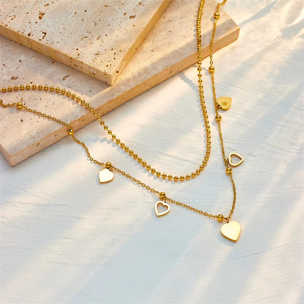 Elegant Heart Shape Layered Necklace with Zircon Inlay | Titanium Steel Gold Plated