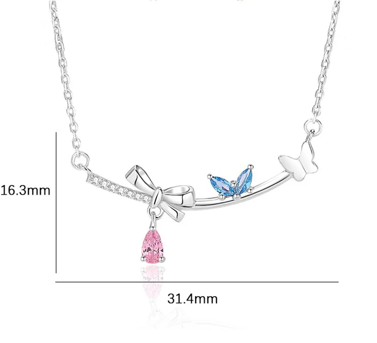 Lady Bow Knot Sterling Silver Pendant Necklace with Inlay Artificial Gemstones