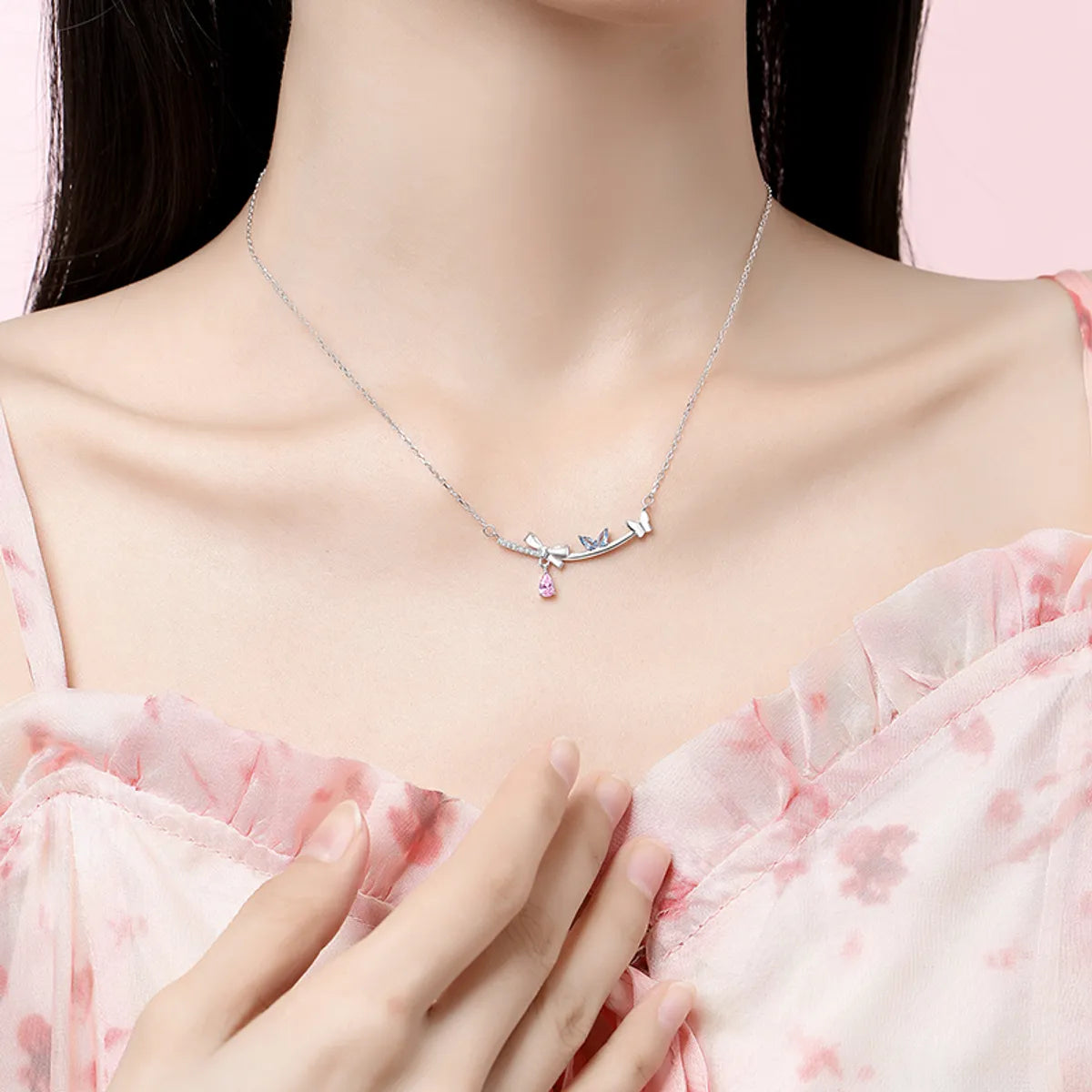 Lady Bow Knot Sterling Silver Pendant Necklace with Inlay Artificial Gemstones