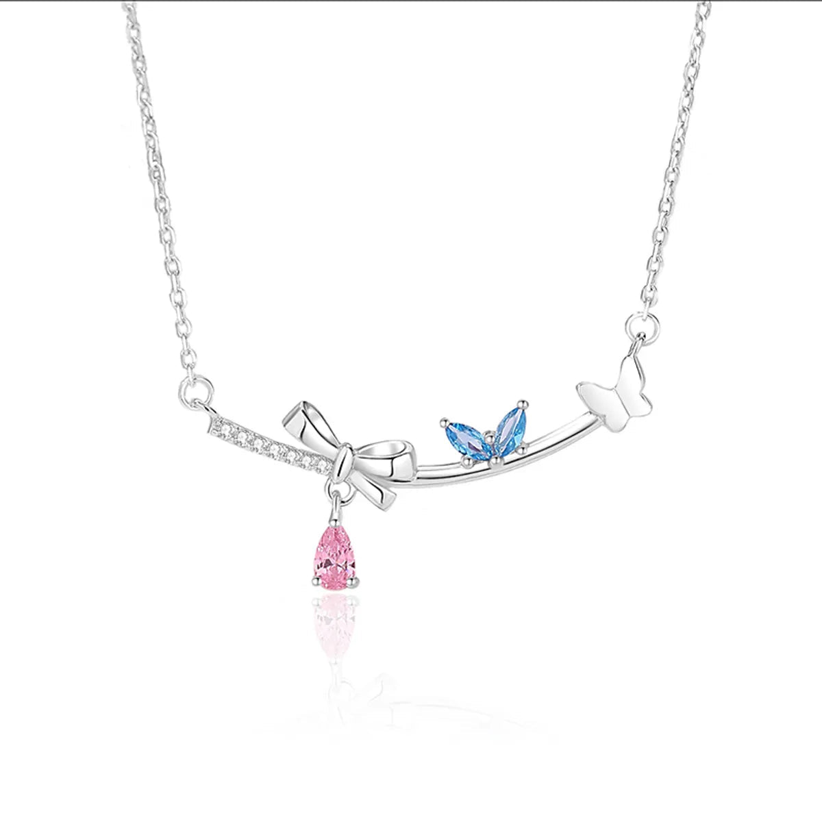 Lady Bow Knot Sterling Silver Pendant Necklace with Inlay Artificial Gemstones