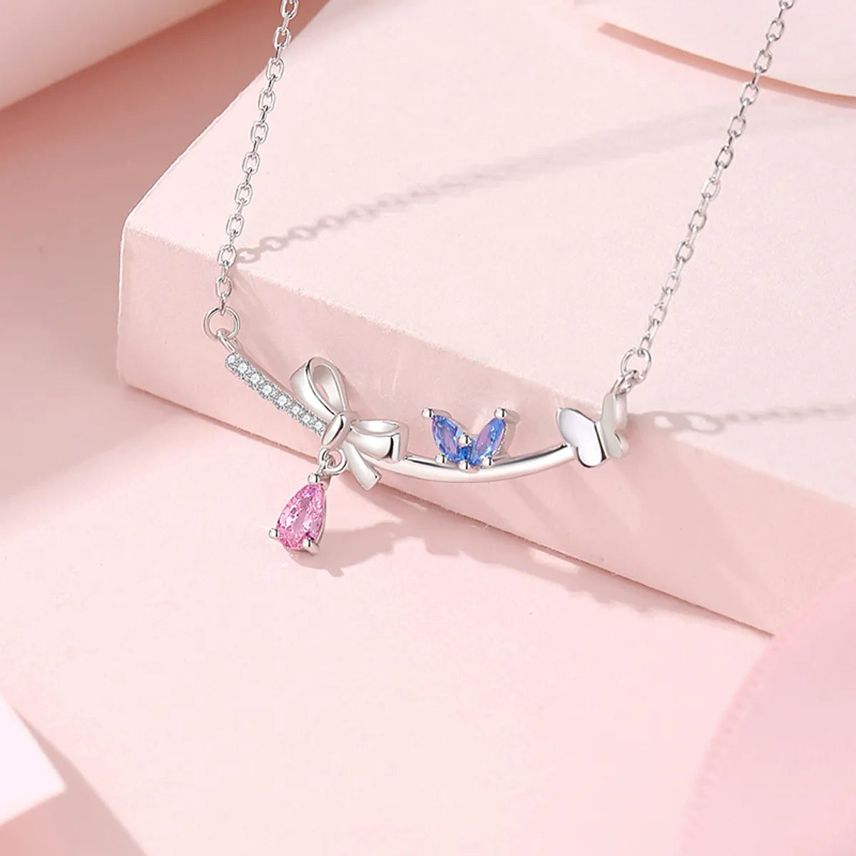 Lady Bow Knot Sterling Silver Pendant Necklace with Inlay Artificial Gemstones