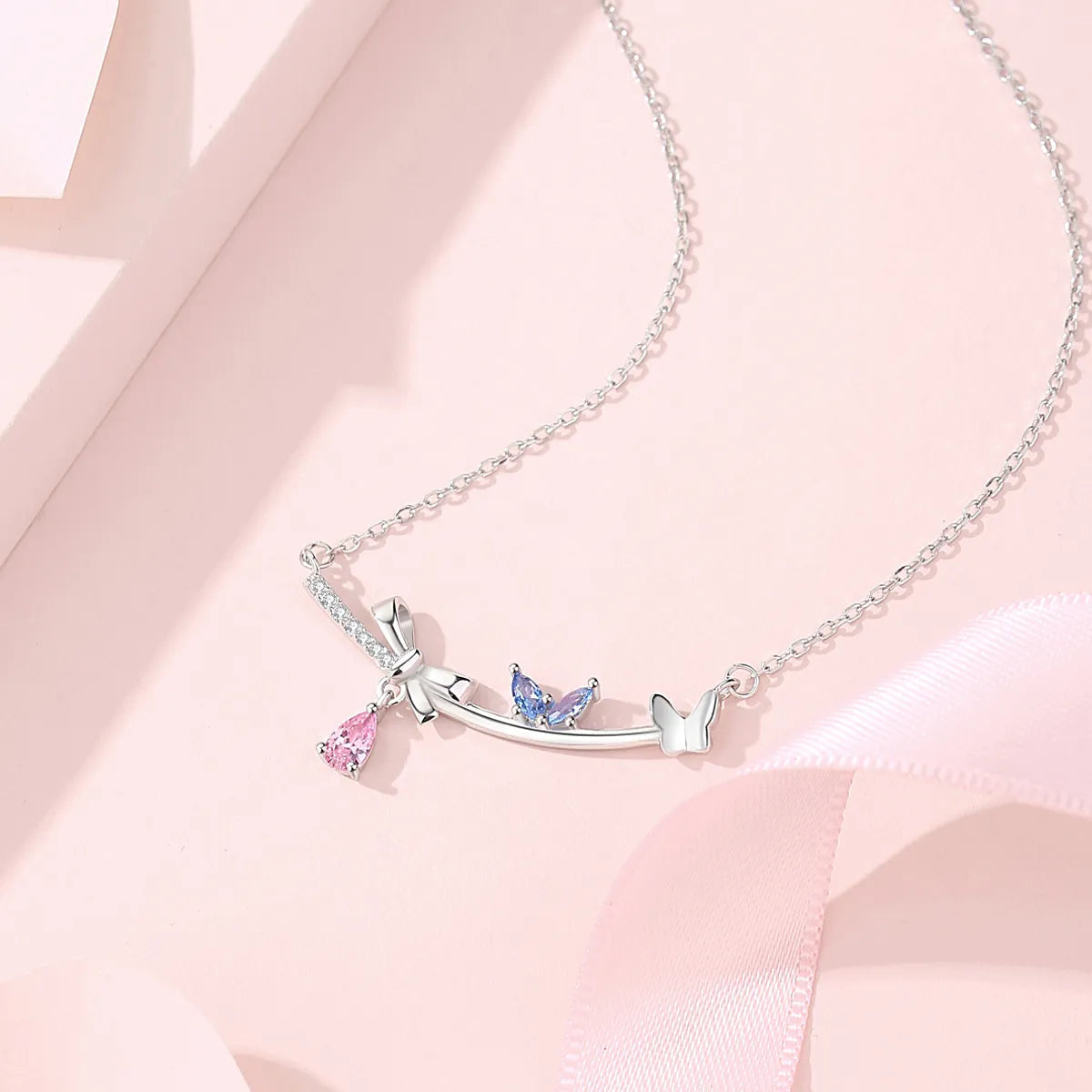 Lady Bow Knot Sterling Silver Pendant Necklace with Inlay Artificial Gemstones
