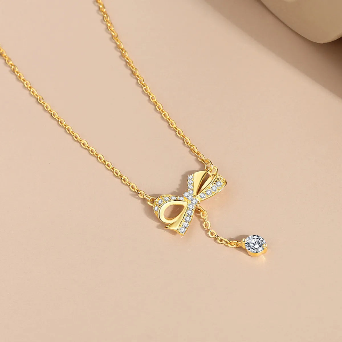 Simple Style Bow Knot Sterling Silver Pendant Necklace with Zircon Inlay