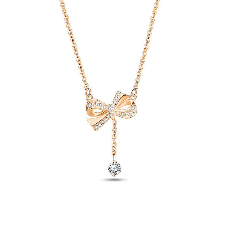 Simple Style Bow Knot Sterling Silver Pendant Necklace with Zircon Inlay