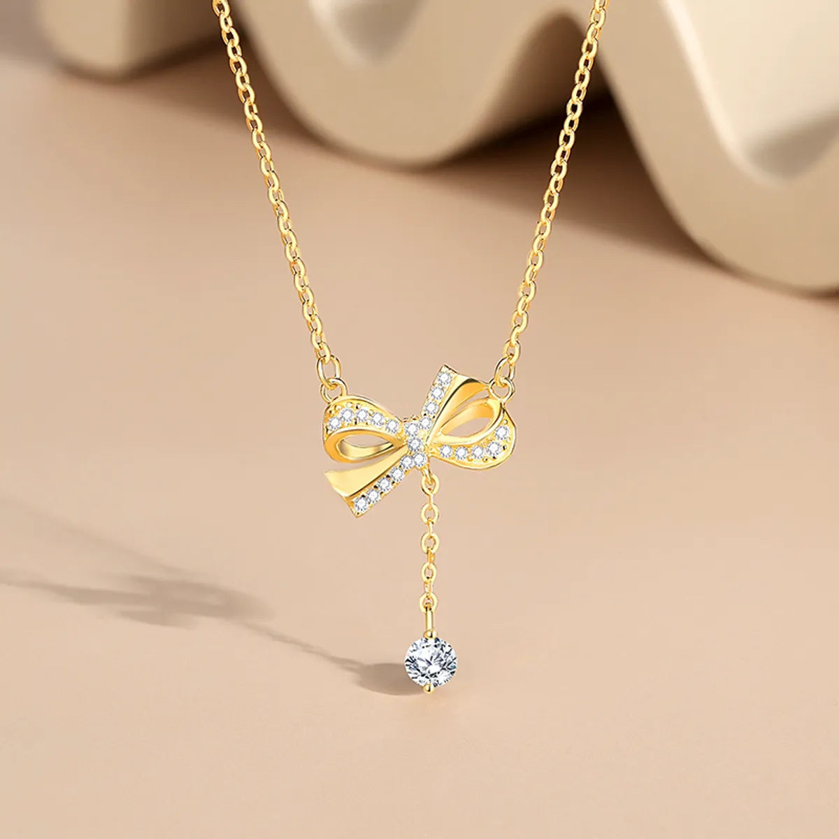 Simple Style Bow Knot Sterling Silver Pendant Necklace with Zircon Inlay