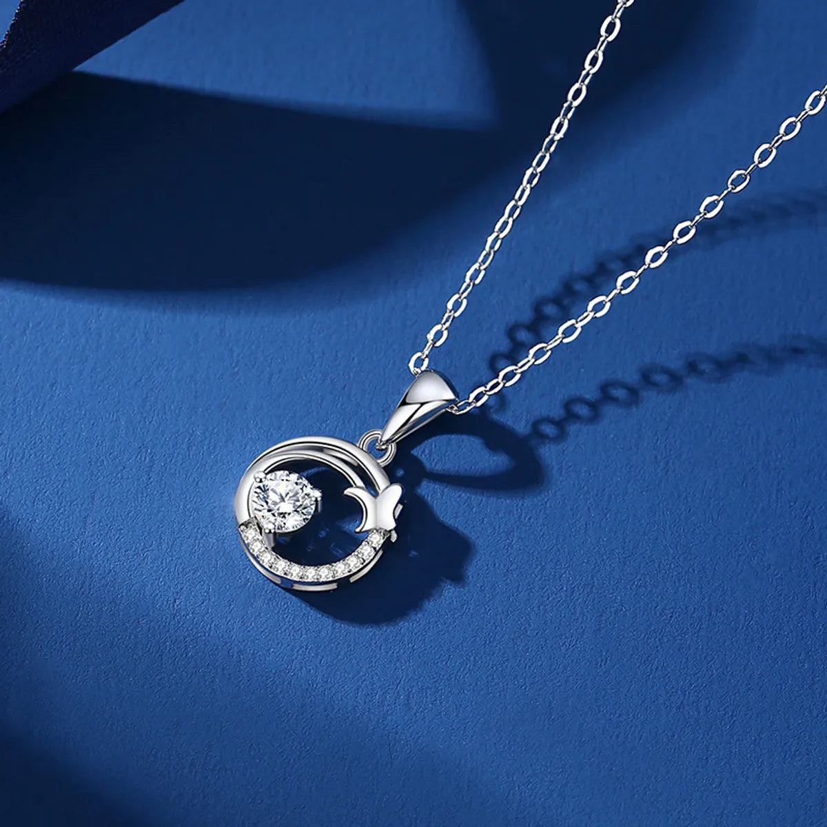 Simple Geometric Round Butterfly Sterling Silver Moissanite Pendant Necklace - Elegant & Dazzling