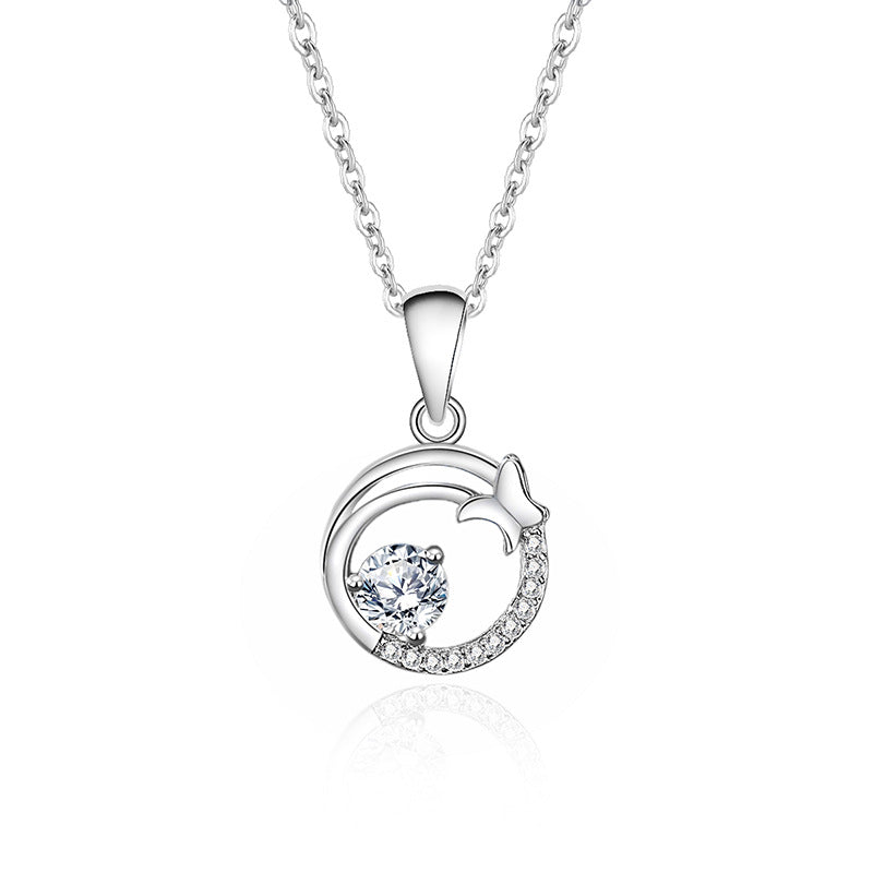 Simple Geometric Round Butterfly Sterling Silver Moissanite Pendant Necklace - Elegant & Dazzling
