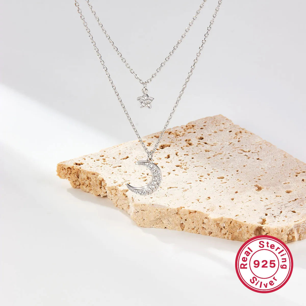 Simple Style Star Moon 925 Sterling Silver Pendant Necklace with Zircon Inlay