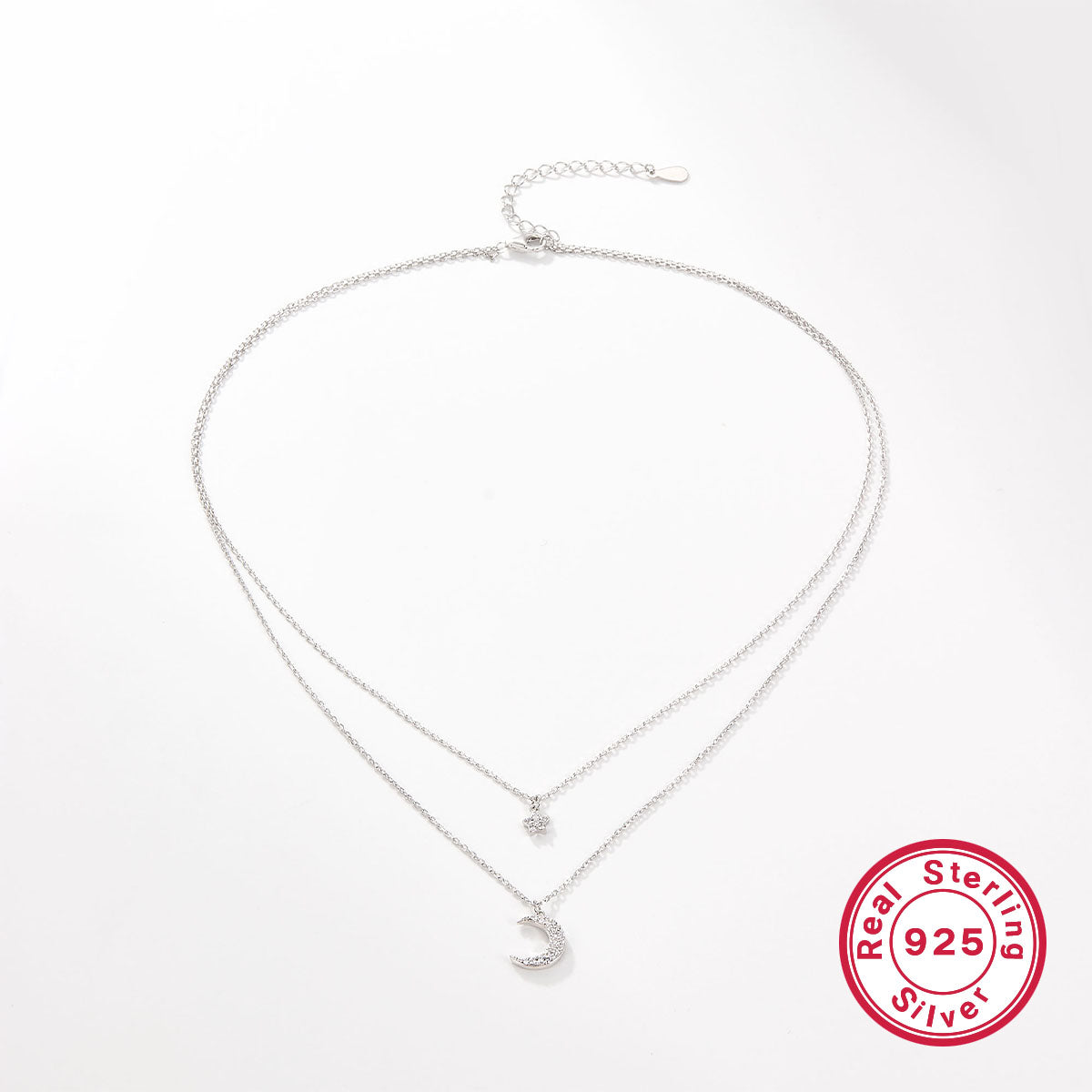 Simple Style Star Moon 925 Sterling Silver Pendant Necklace with Zircon Inlay