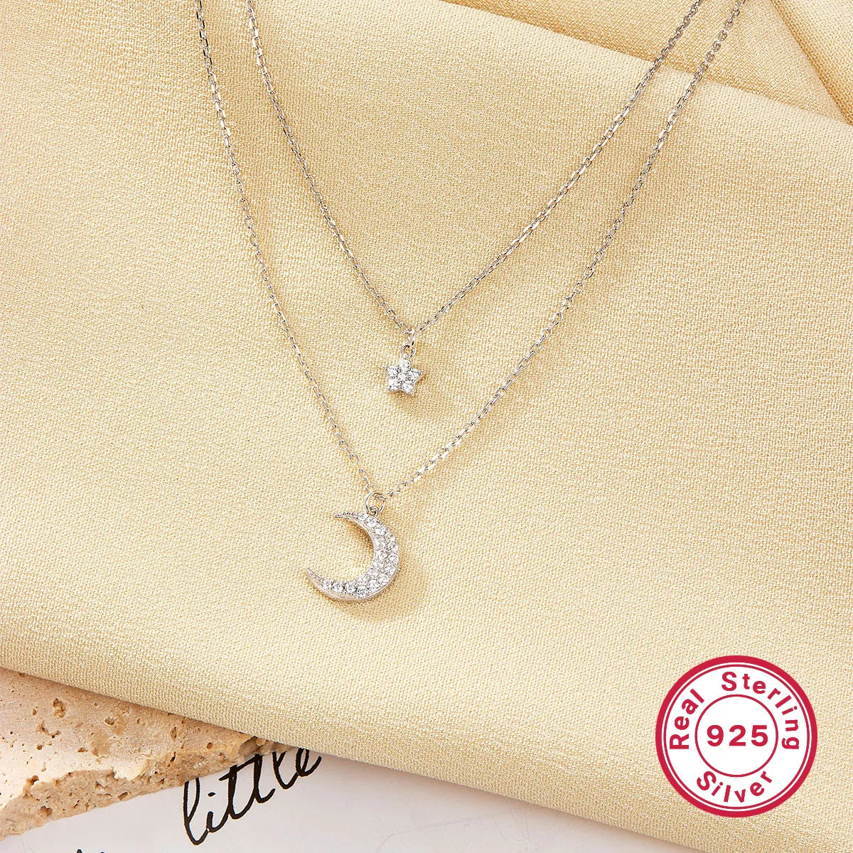 Simple Style Star Moon 925 Sterling Silver Pendant Necklace with Zircon Inlay
