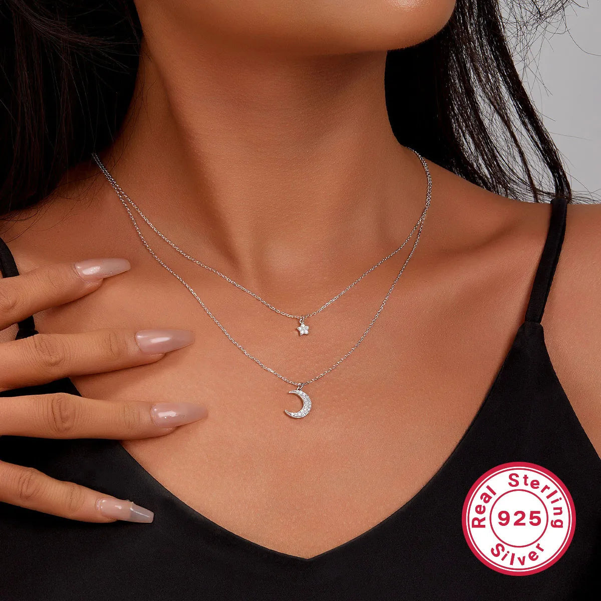 Simple Style Star Moon 925 Sterling Silver Pendant Necklace with Zircon Inlay
