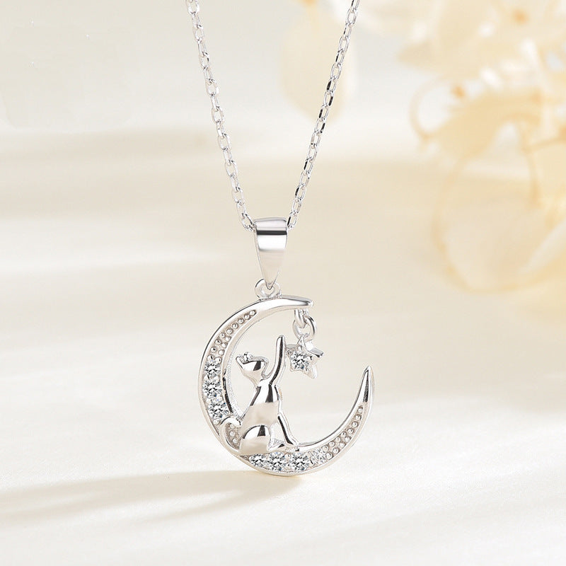 Simple Style Moon Cat Sterling Silver Inlay Zircon Pendant Necklace - Elegant & Trendy Jewelry