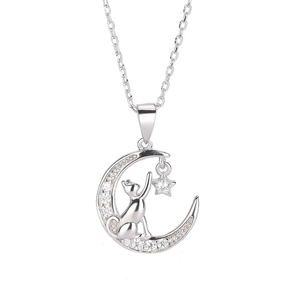 Simple Style Moon Cat Sterling Silver Inlay Zircon Pendant Necklace - Elegant & Trendy Jewelry