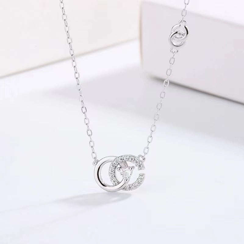 Elegant Double Ring Sterling Silver Zircon Pendant Necklace - Trendy & Timeless