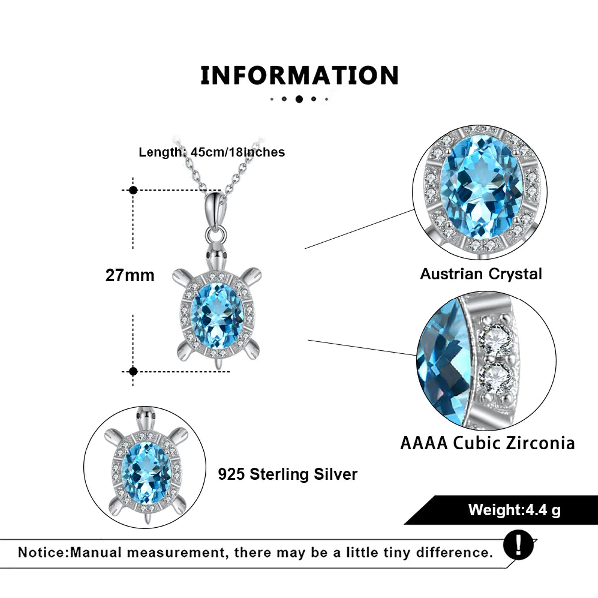 Sterling Silver White Gold Plated Tortoise Crystal Zircon Pendant Necklace