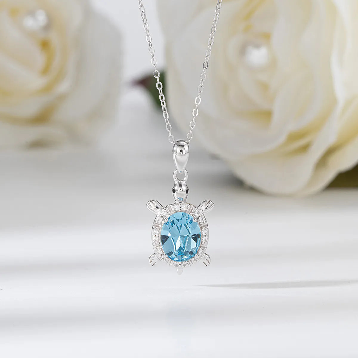 Sterling Silver White Gold Plated Tortoise Crystal Zircon Pendant Necklace