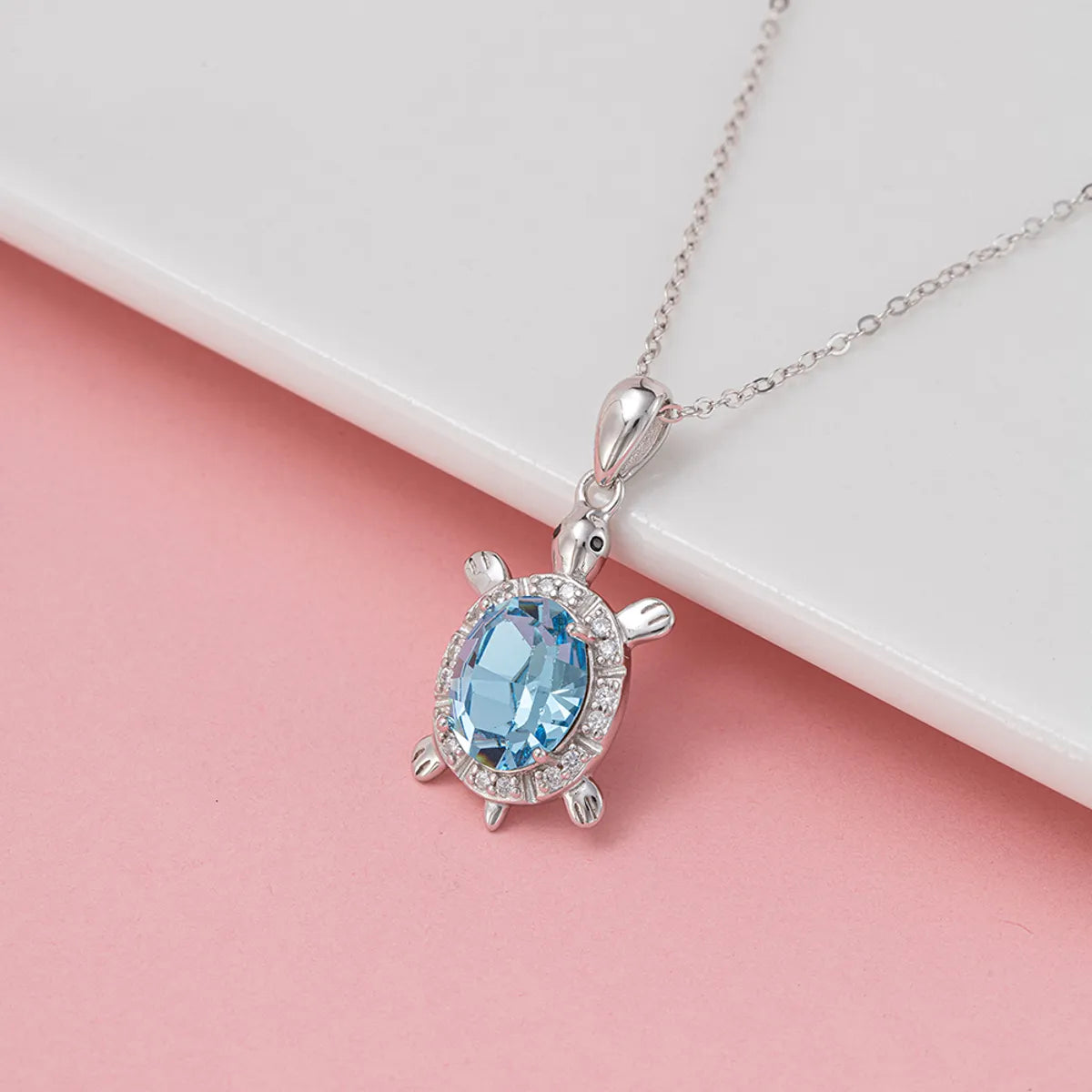 Sterling Silver White Gold Plated Tortoise Crystal Zircon Pendant Necklace