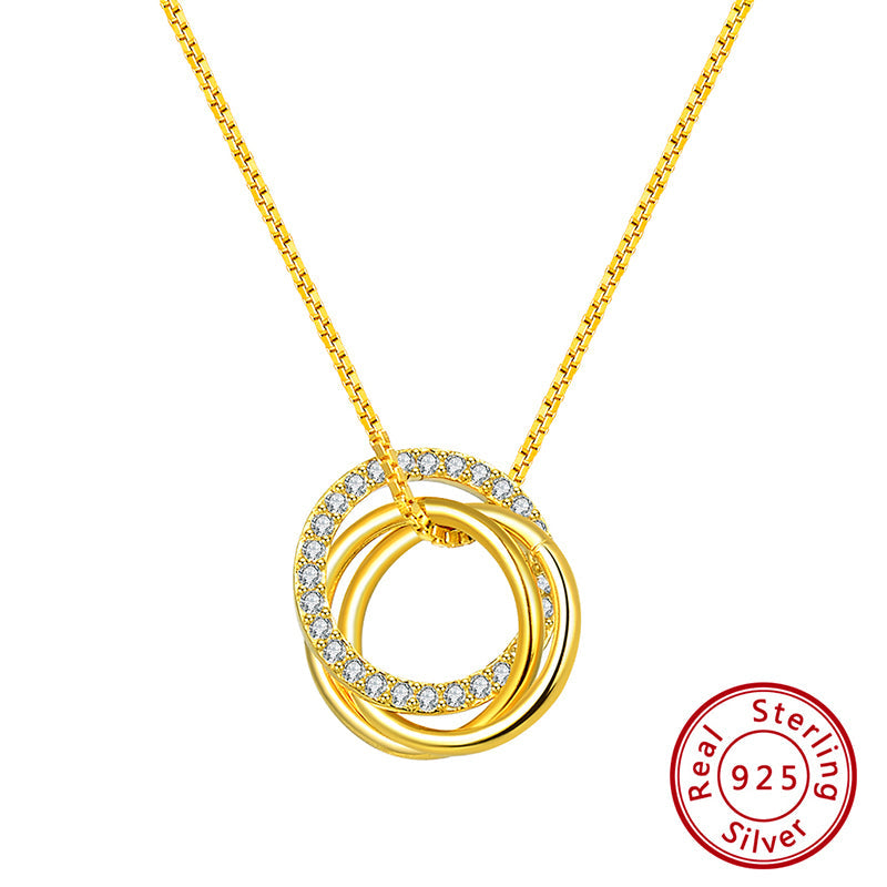 Simple Style Classic O-Shape Zircon Inlay Sterling Silver Pendant Necklace – White Gold Plated